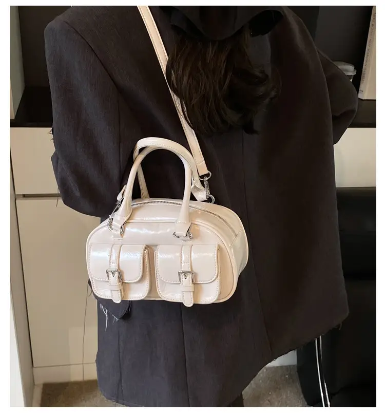 Women's Creamy Leather Bowling Bag with Crossbody Strap — feature 1