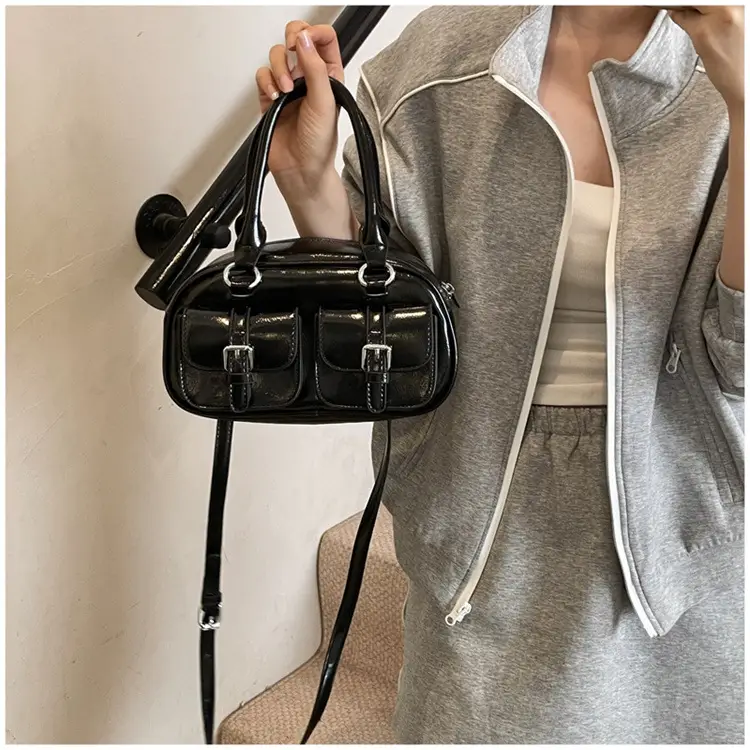 Women's Creamy Leather Bowling Bag with Crossbody Strap — feature 10