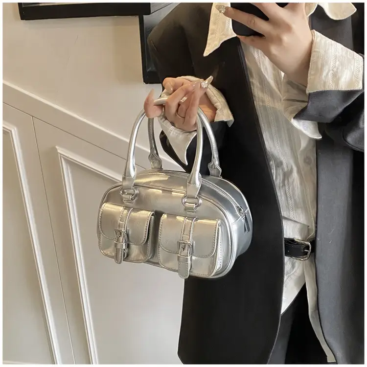 Women's Creamy Leather Bowling Bag with Crossbody Strap — feature 13
