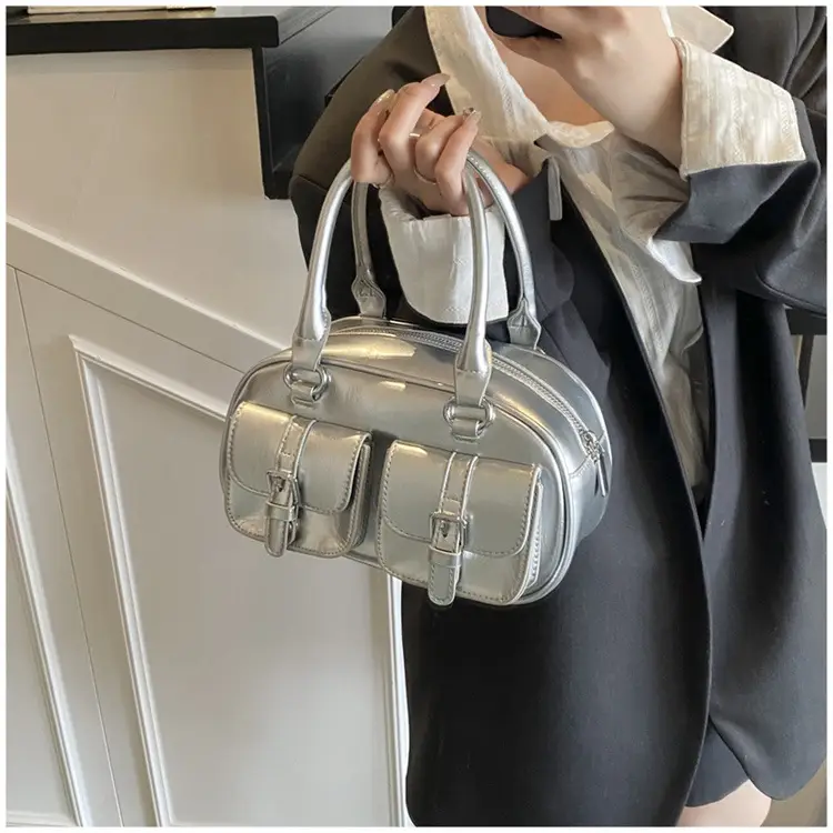 Women's Creamy Leather Bowling Bag with Crossbody Strap — feature 14