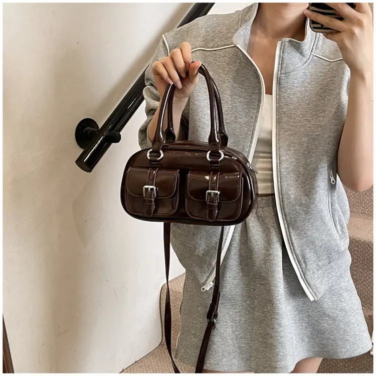 Women's Creamy Leather Bowling Bag with Crossbody Strap — feature 16
