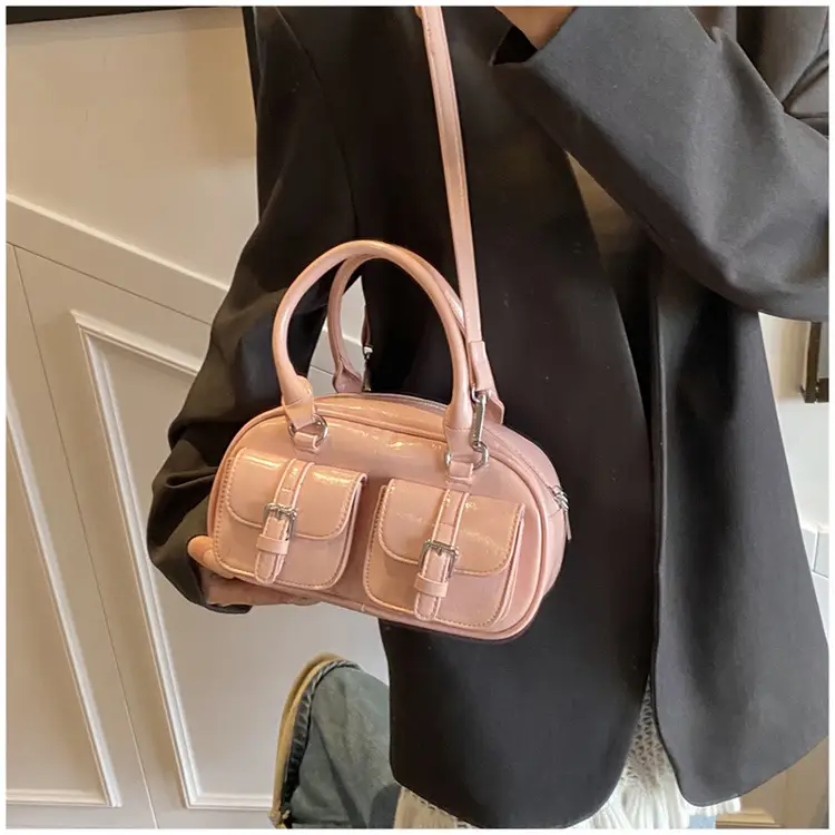 Women's Creamy Leather Bowling Bag with Crossbody Strap — feature 19