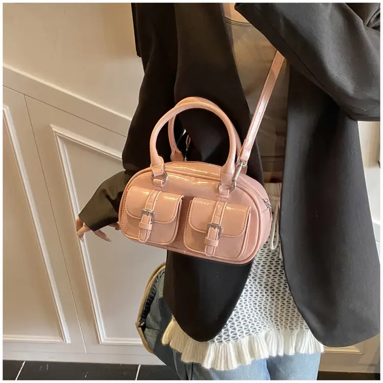 Women's Creamy Leather Bowling Bag with Crossbody Strap — feature 20