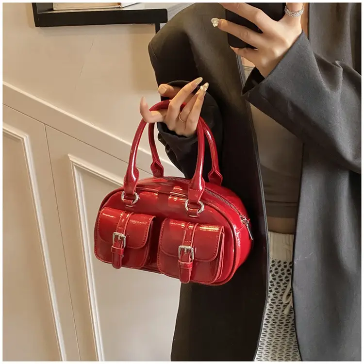 Women's Creamy Leather Bowling Bag with Crossbody Strap — feature 22