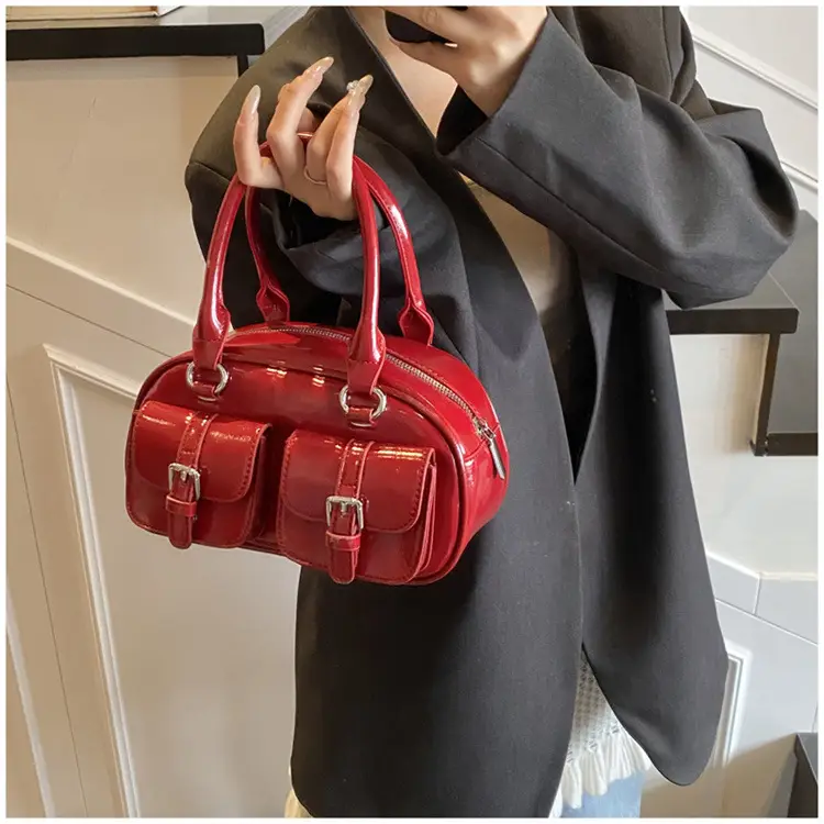 Women's Creamy Leather Bowling Bag with Crossbody Strap — feature 23