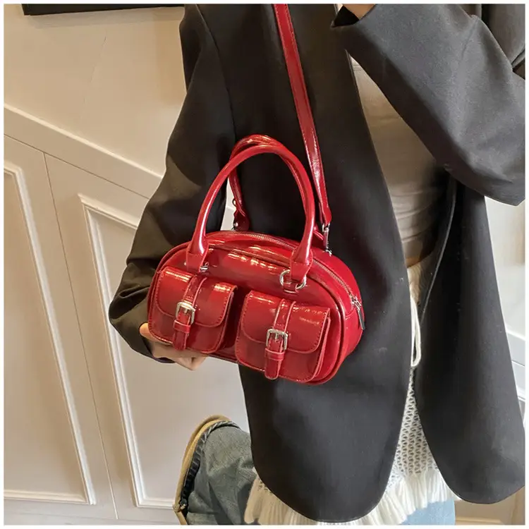 Women's Creamy Leather Bowling Bag with Crossbody Strap — feature 24