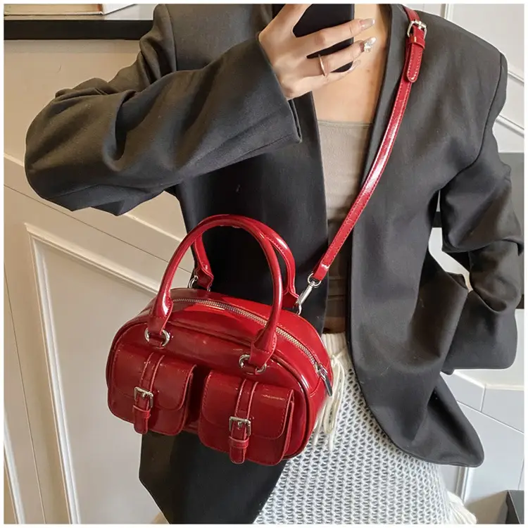 Women's Creamy Leather Bowling Bag with Crossbody Strap — feature 25