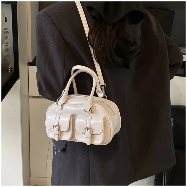 Women's Creamy Leather Bowling Bag with Crossbody Strap — feature 26