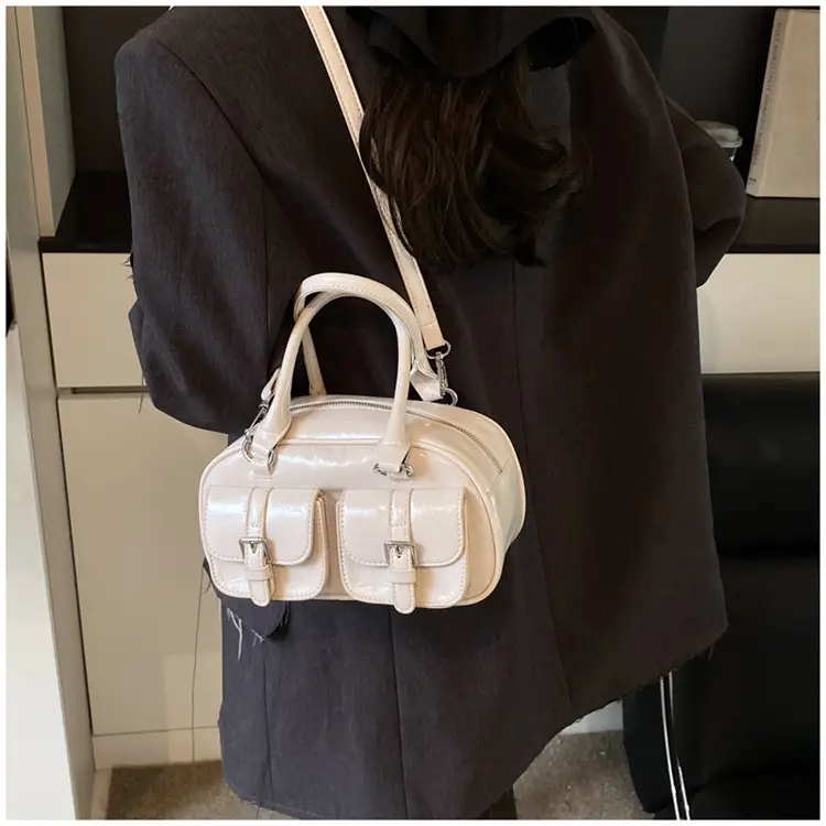 Women's Creamy Leather Bowling Bag with Crossbody Strap — feature 27