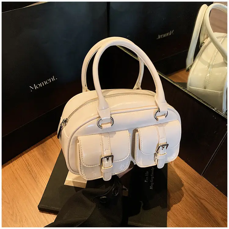 Women's Creamy Leather Bowling Bag with Crossbody Strap — feature 28