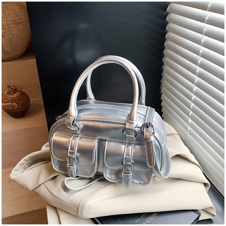Women's Creamy Leather Bowling Bag with Crossbody Strap — feature 29