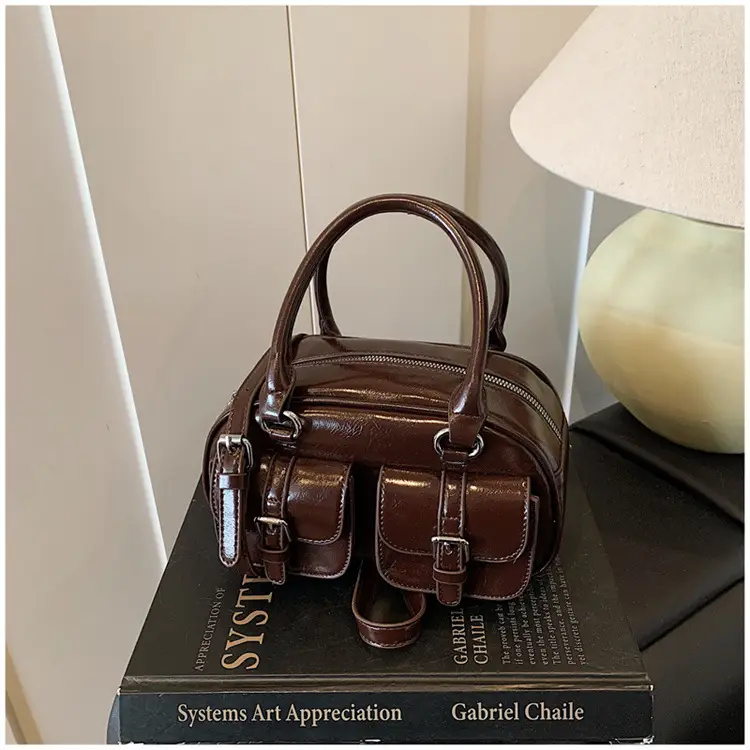 Women's Creamy Leather Bowling Bag with Crossbody Strap — feature 30