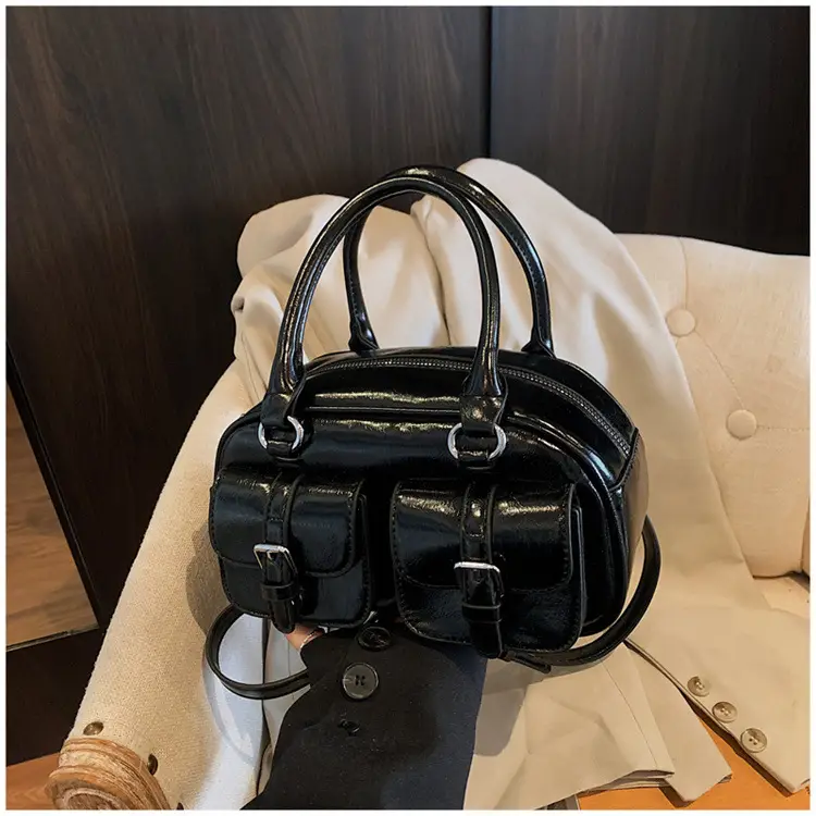 Women's Creamy Leather Bowling Bag with Crossbody Strap — feature 31