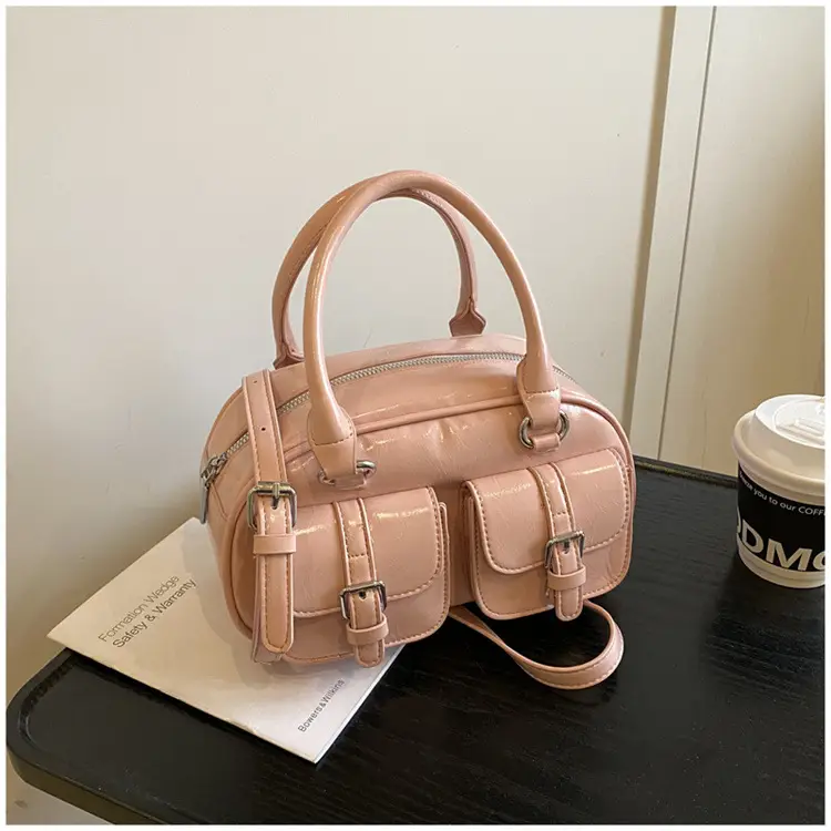 Women's Creamy Leather Bowling Bag with Crossbody Strap — feature 32