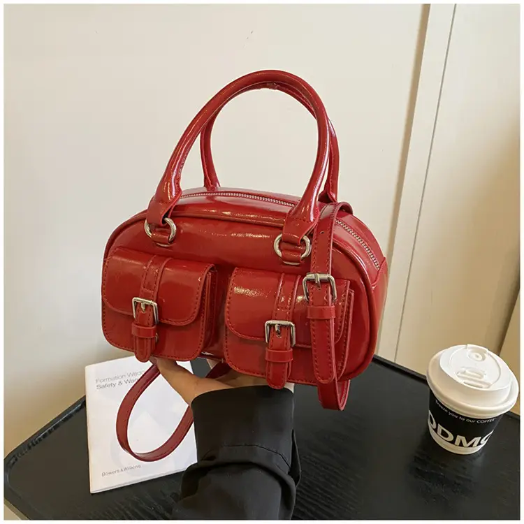 Women's Creamy Leather Bowling Bag with Crossbody Strap — feature 33