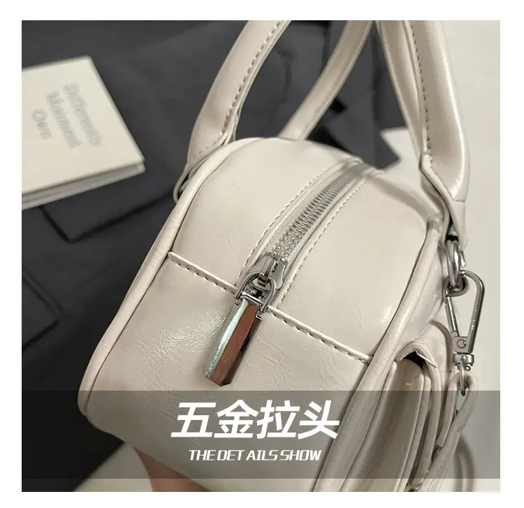Women's Creamy Leather Bowling Bag with Crossbody Strap — feature 6