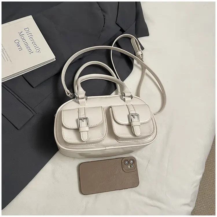 Women's Creamy Leather Bowling Bag with Crossbody Strap — feature 8