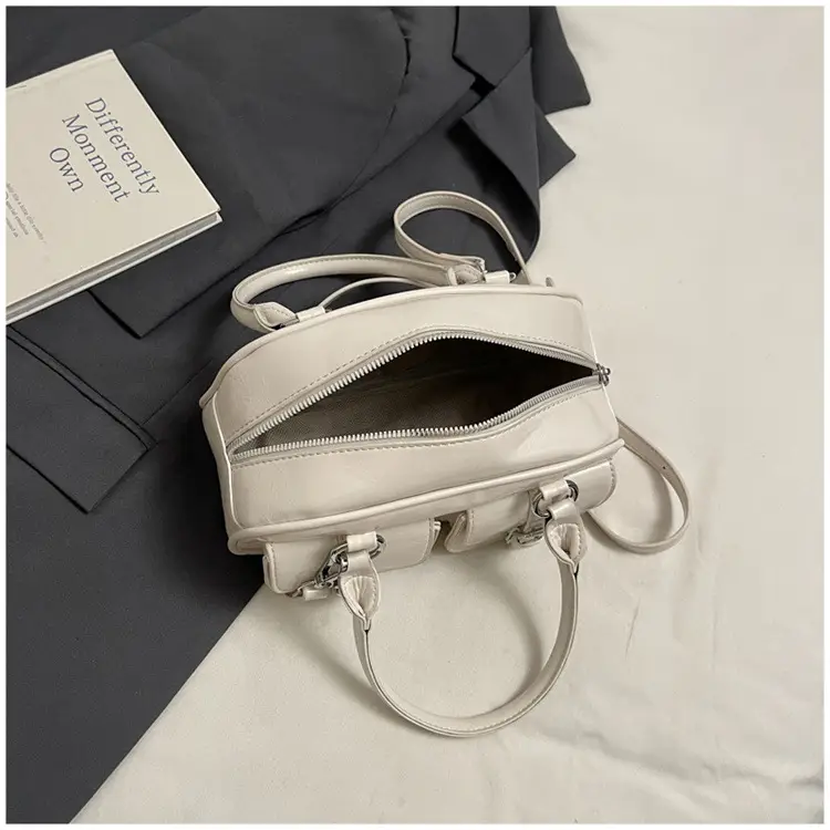 Women's Creamy Leather Bowling Bag with Crossbody Strap — feature 9