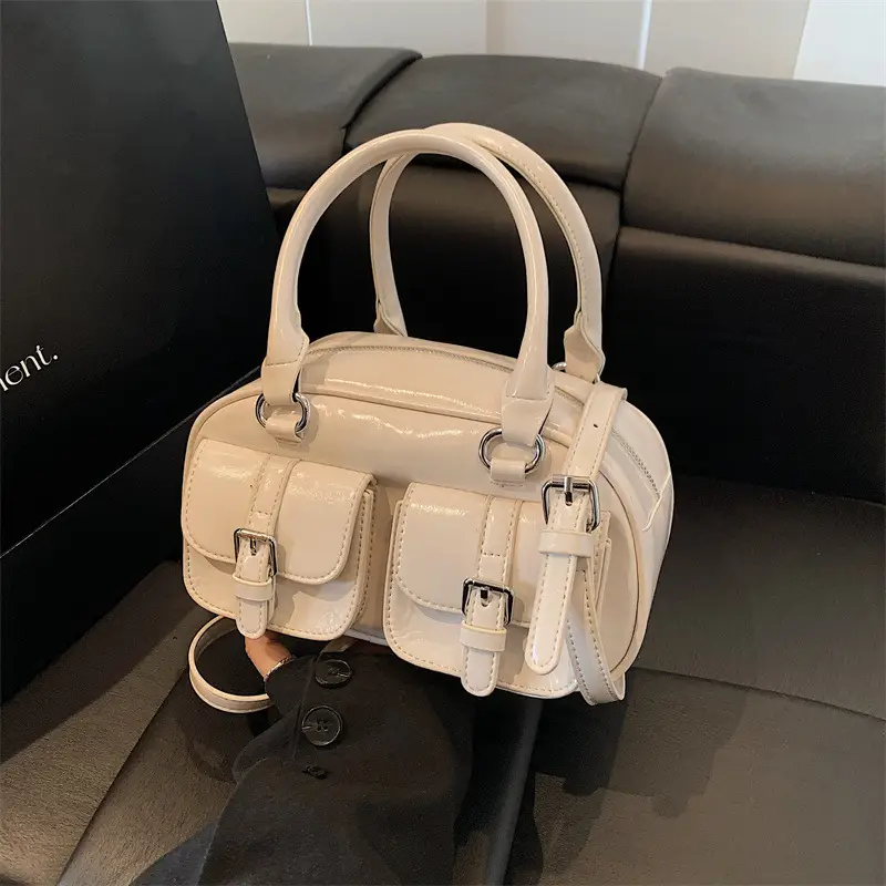 Women's Creamy Leather Bowling Bag with Crossbody Strap - Image 2