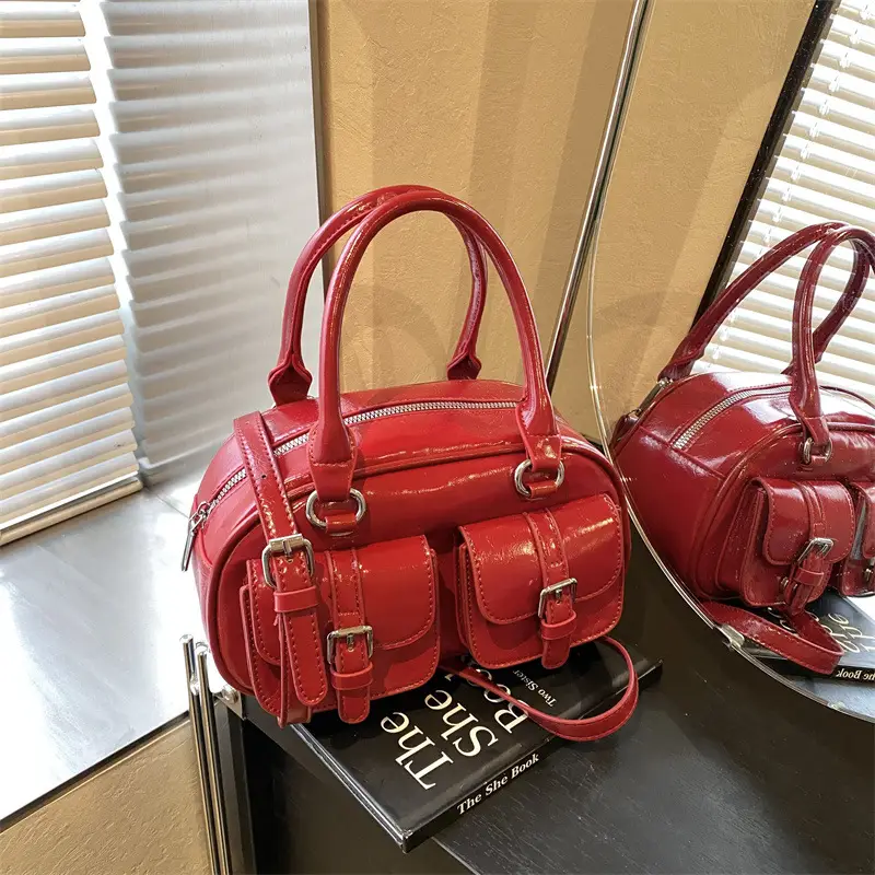 Women's Creamy Leather Bowling Bag with Crossbody Strap - Image 3