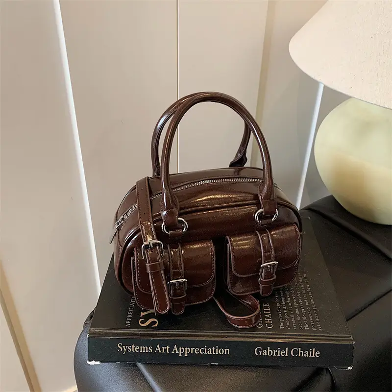 Women's Creamy Leather Bowling Bag with Crossbody Strap - Image 4