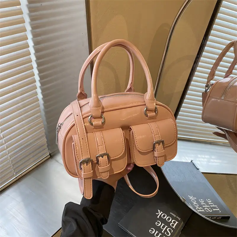 Women's Creamy Leather Bowling Bag with Crossbody Strap - Image 5