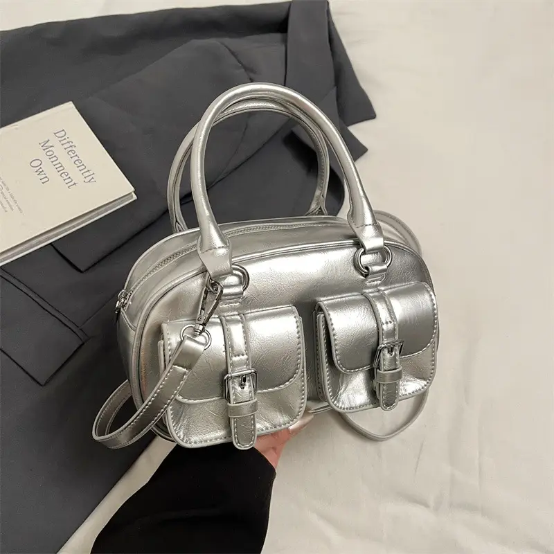 Women's Creamy Leather Bowling Bag with Crossbody Strap - Image 6
