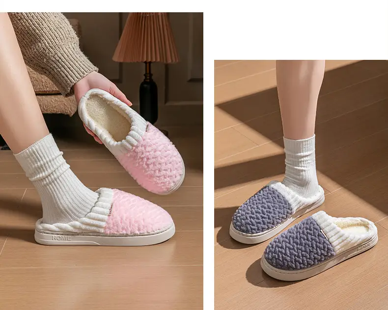 Cotton Slippers Men's Autumn and Winter Color-matching Feeling Home Indoor Thick-soled Warm Couple's Plush Shoes Moon Shoes Women's — feature 15