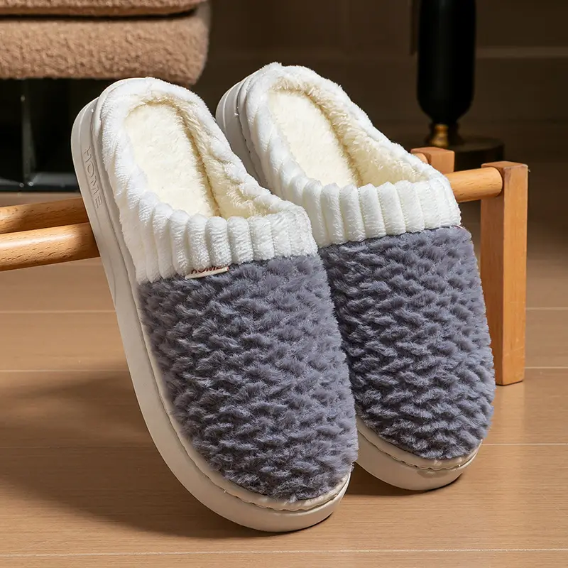 Cotton Slippers Men's Autumn and Winter Color-matching Feeling Home Indoor Thick-soled Warm Couple's Plush Shoes Moon Shoes Women's - Image 2