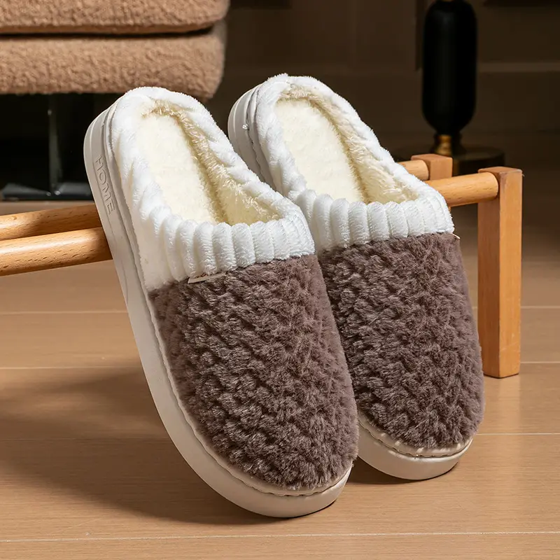 Cotton Slippers Men's Autumn and Winter Color-matching Feeling Home Indoor Thick-soled Warm Couple's Plush Shoes Moon Shoes Women's - Image 3