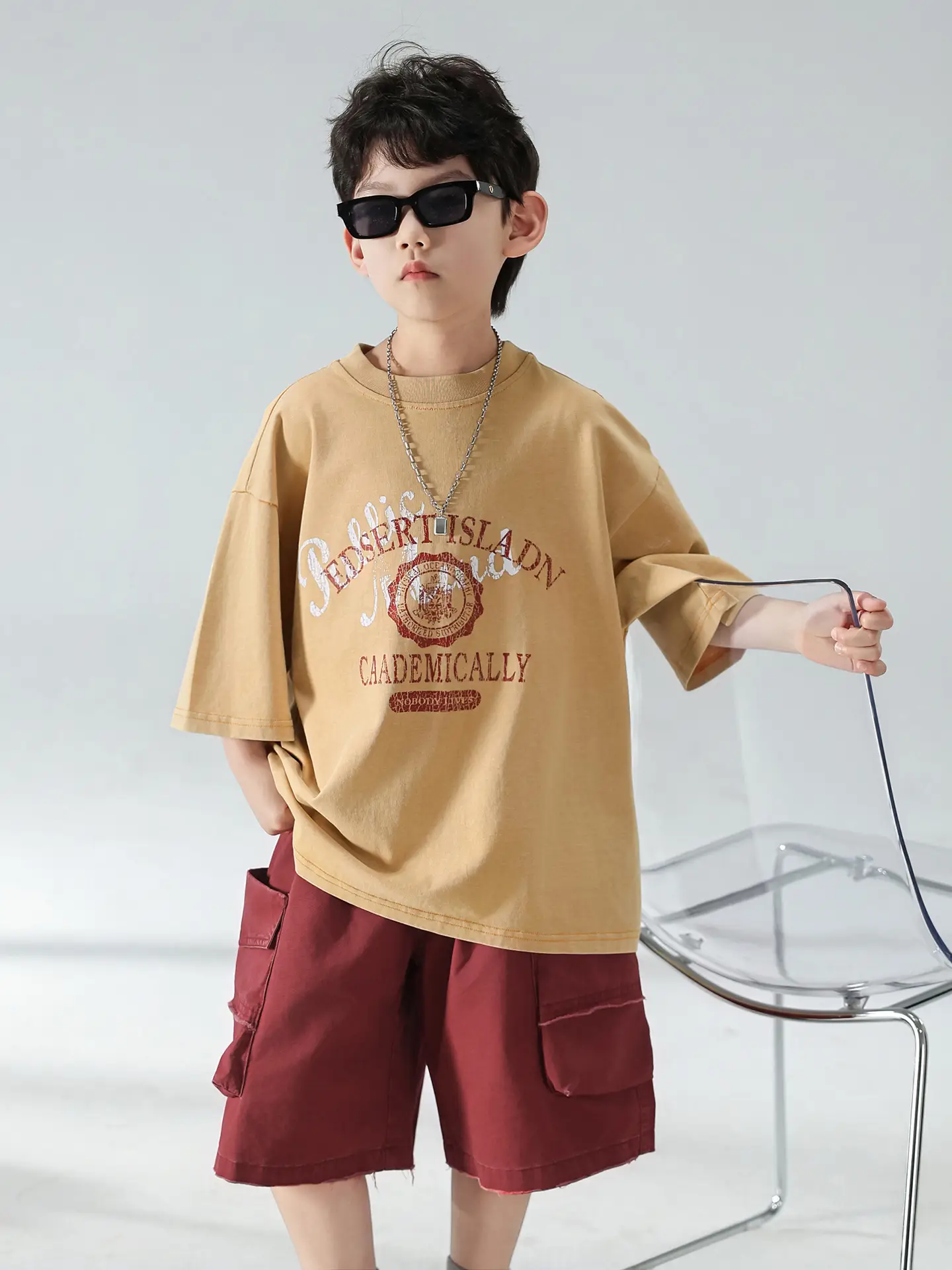 Boys Summer T-Shirt Shorts Set Brown Red 2025 — feature 20