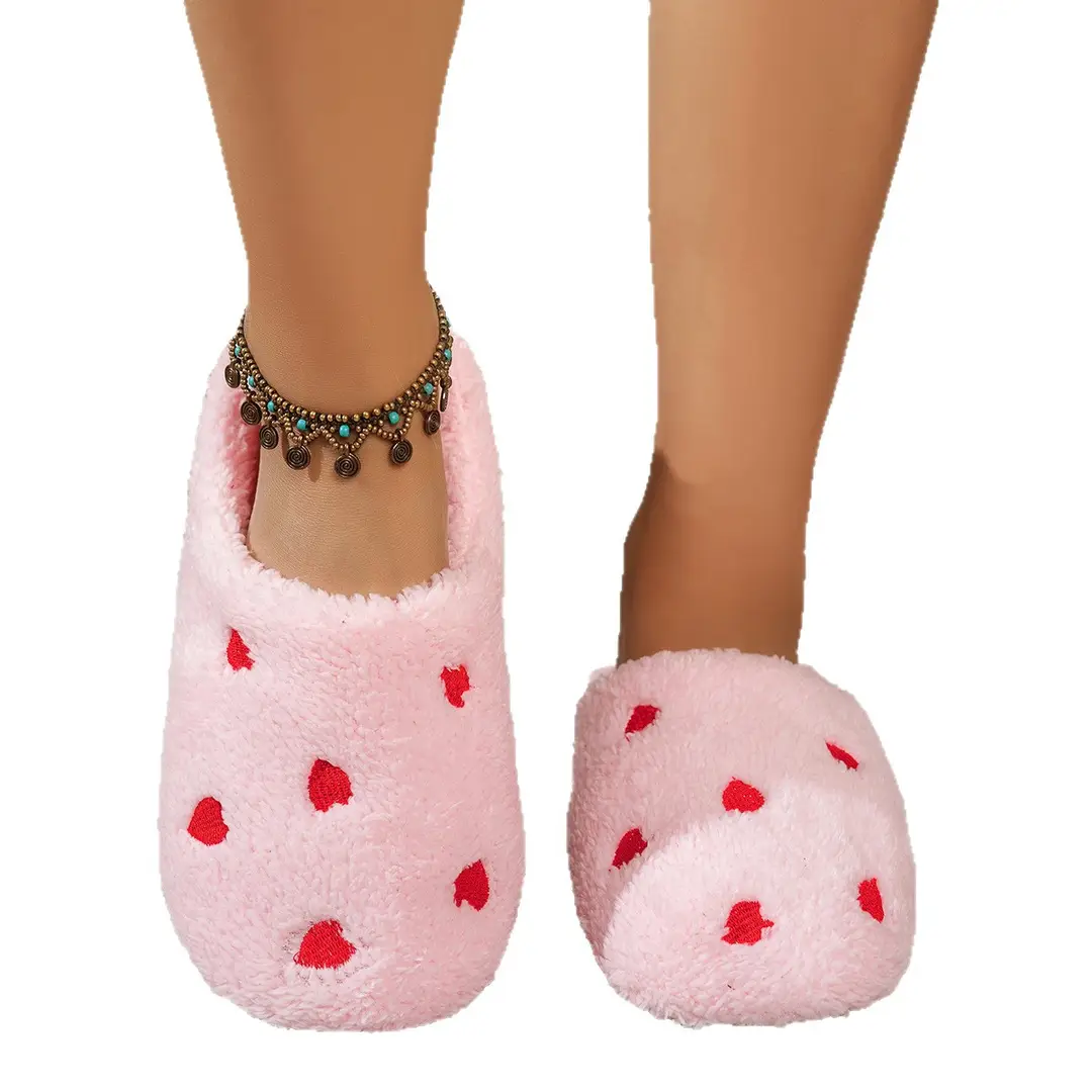 Cross-Border Small Heart-Shaped Soft-Soled Cotton Slippers, Warm and Comfortable, Winter Indoor Home Flat-Soled, Export Wholesale, Closed-Toe, Simple Design