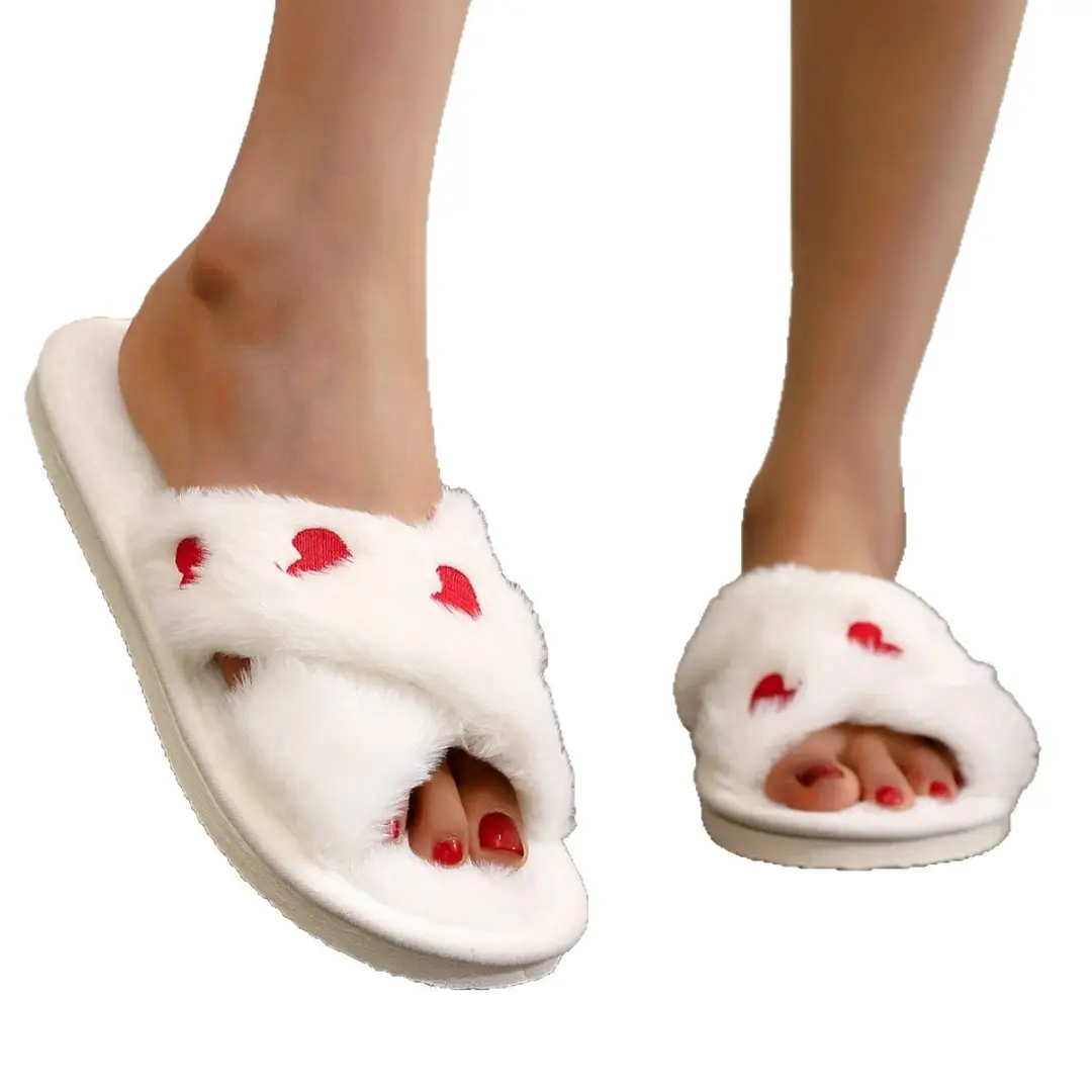 Cross-border explosion generation cross belt furry four seasons love ladies warm indoor fashion girls cotton slippers