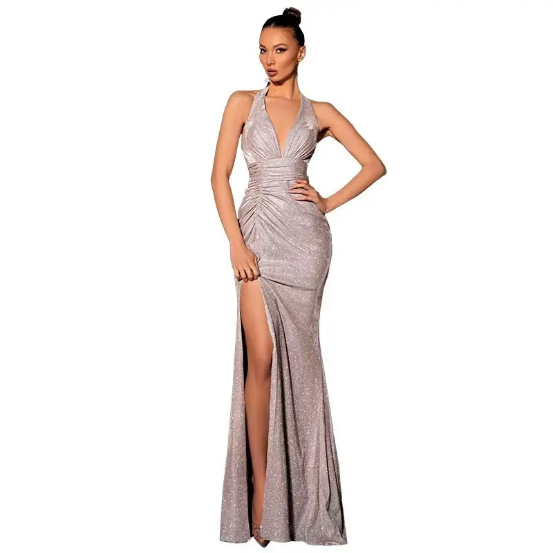 European American Cross-border V-neck Flash Dress with Split Skirt — feature 5