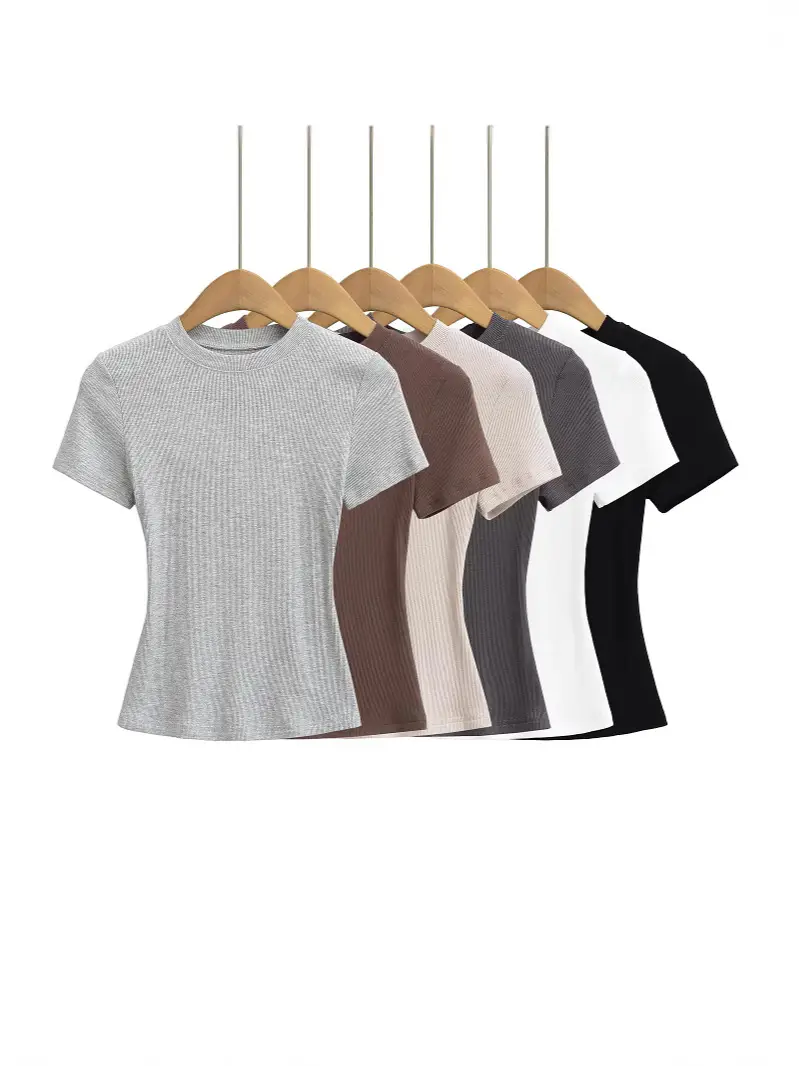 Skims Alternative American-Style Comfortable Stretchy T-Shirt for Women, Summer Versatile Basic Plain Short Top with Round Neck