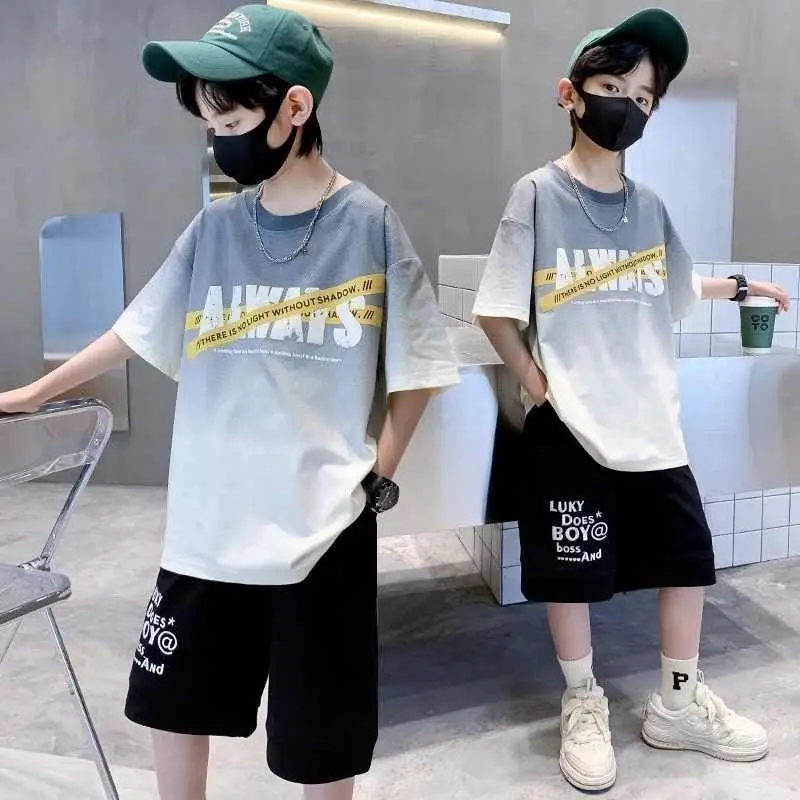 Boys Cotton Tie-Dyed Short Sleeve T-Shirt Black Shorts Set