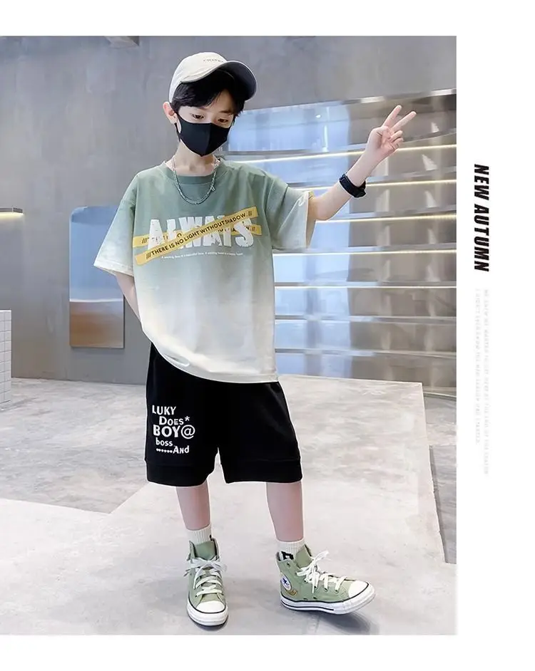Boys Cotton Tie-Dyed Short Sleeve T-Shirt Black Shorts Set — feature 12