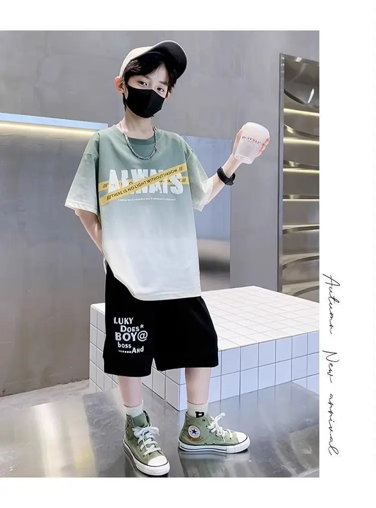 Boys Cotton Tie-Dyed Short Sleeve T-Shirt Black Shorts Set — feature 13