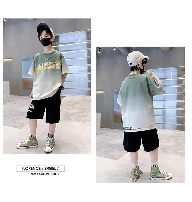 Boys Cotton Tie-Dyed Short Sleeve T-Shirt Black Shorts Set — feature 4