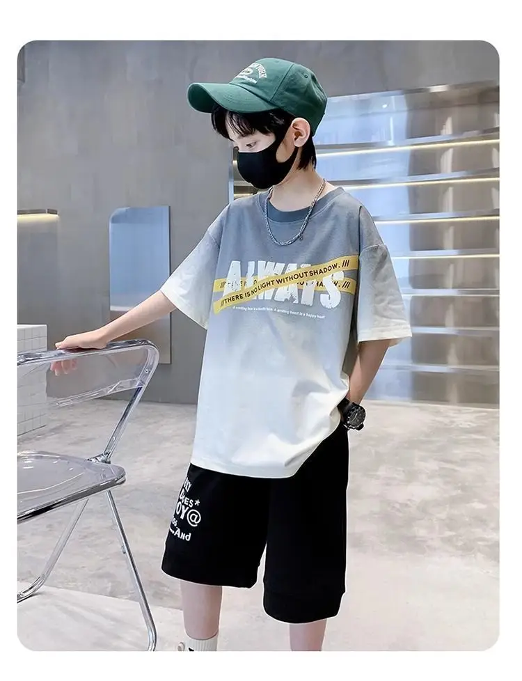 Boys Cotton Tie-Dyed Short Sleeve T-Shirt Black Shorts Set — feature 5