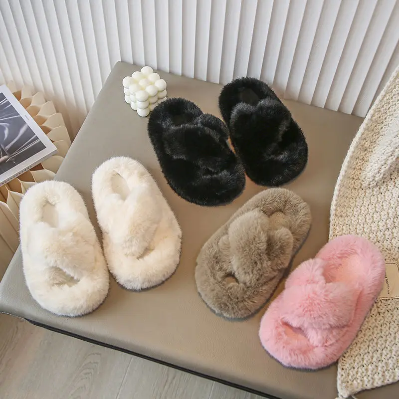 Girls' Furry Slippers Winter New Thickeneded Warm Cotton Slippers Indoor Non-Slip Baby Kidsren's Cotton Shoes Girls