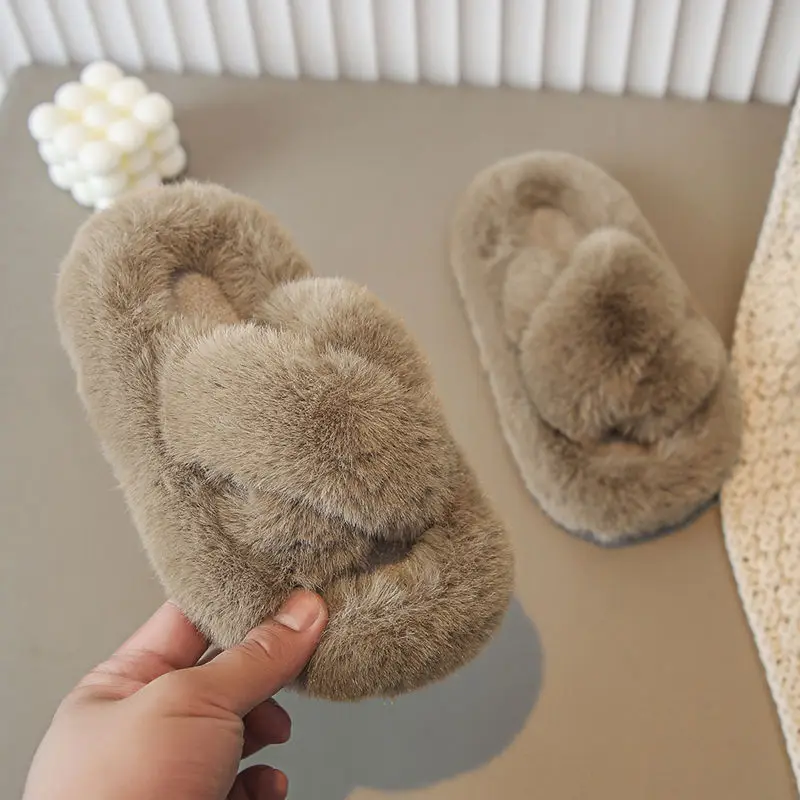Girls' Furry Slippers Winter New Thickeneded Warm Cotton Slippers Indoor Non-Slip Baby Kidsren's Cotton Shoes Girls