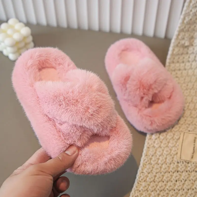Girls' Furry Slippers Winter New Thickeneded Warm Cotton Slippers Indoor Non-Slip Baby Kidsren's Cotton Shoes Girls