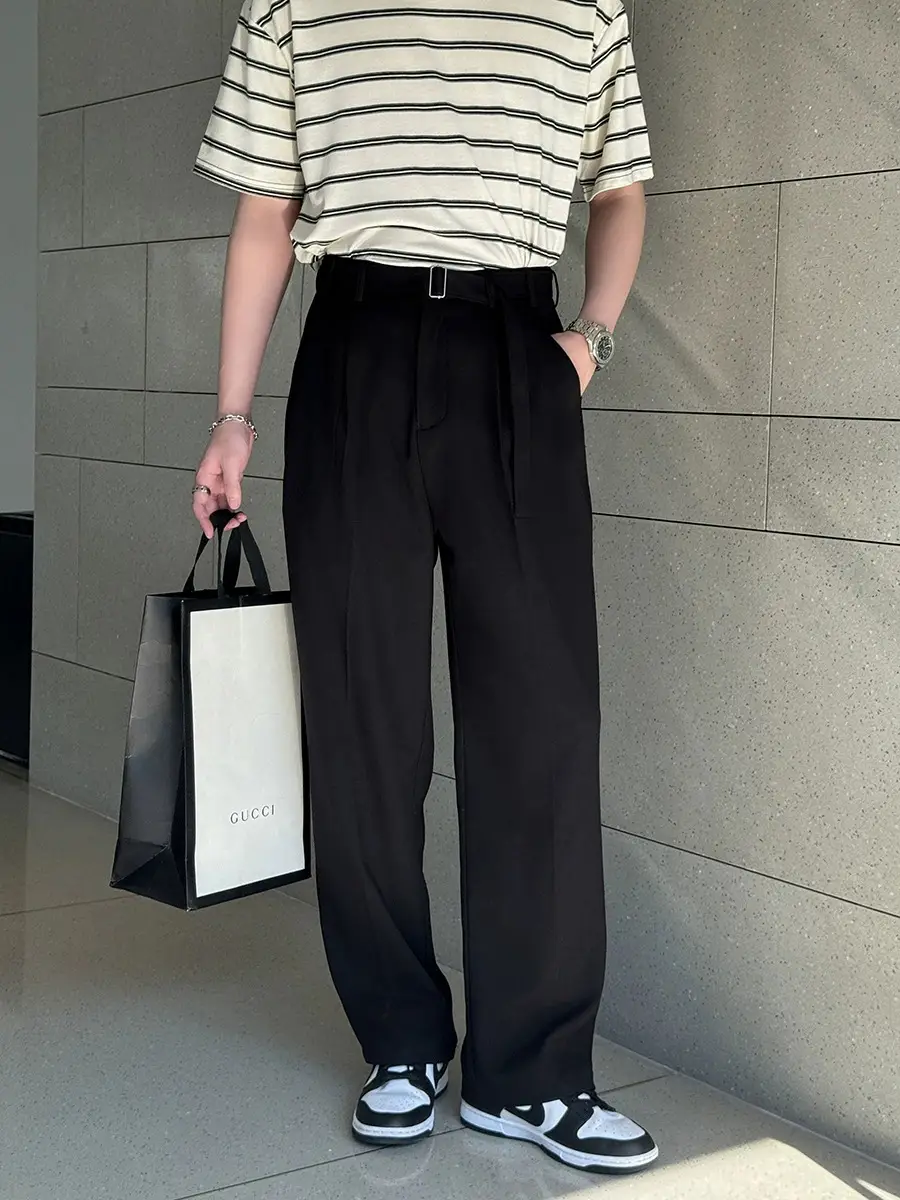 Men's Grey Straight Pants with Belt for Spring Autumn - Image 5