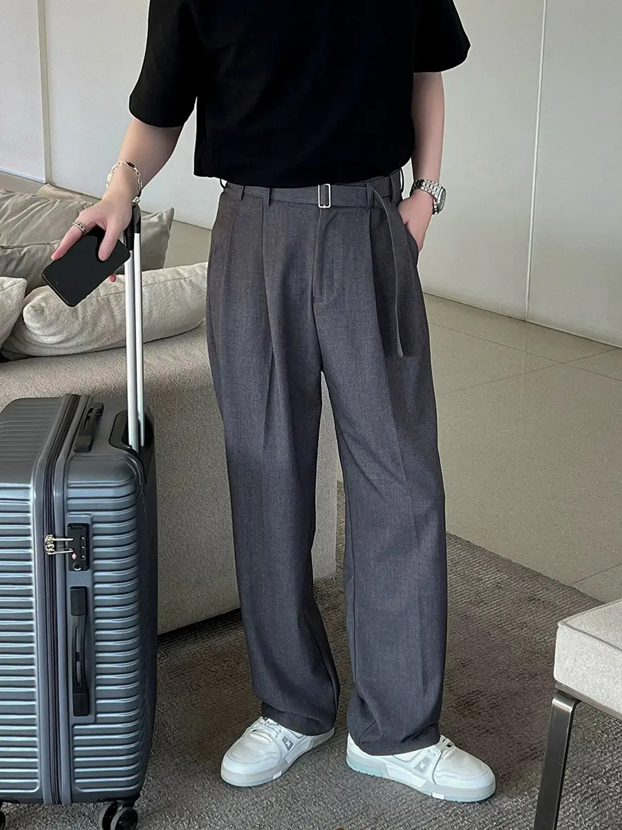 Men's Grey Straight Pants with Belt for Spring Autumn - Image 7