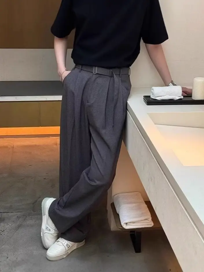 Men's Grey Straight Pants with Belt for Spring Autumn - Image 8