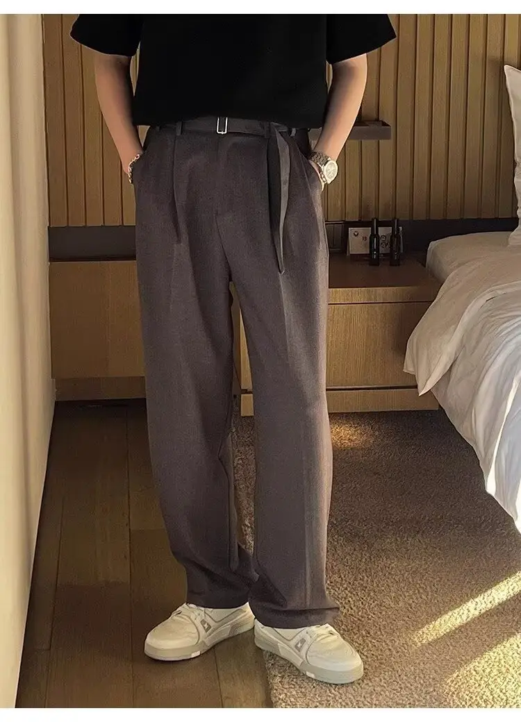 Men's Grey Straight Pants with Belt for Spring Autumn — feature 12
