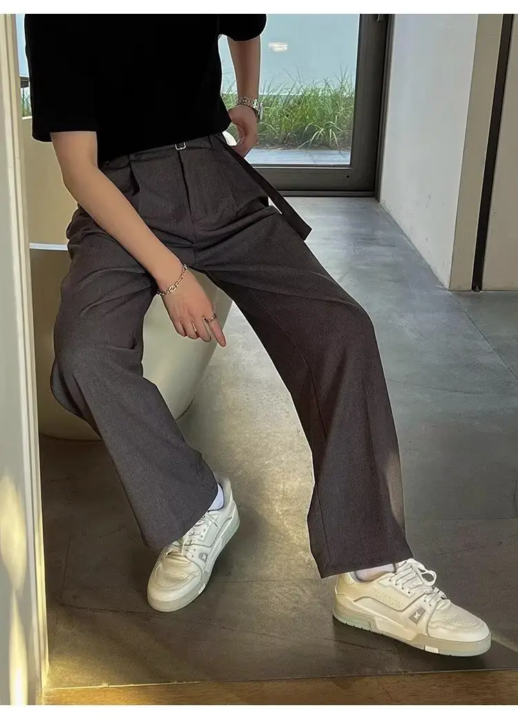 Men's Grey Straight Pants with Belt for Spring Autumn — feature 13