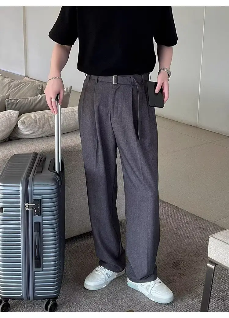 Men's Grey Straight Pants with Belt for Spring Autumn — feature 14