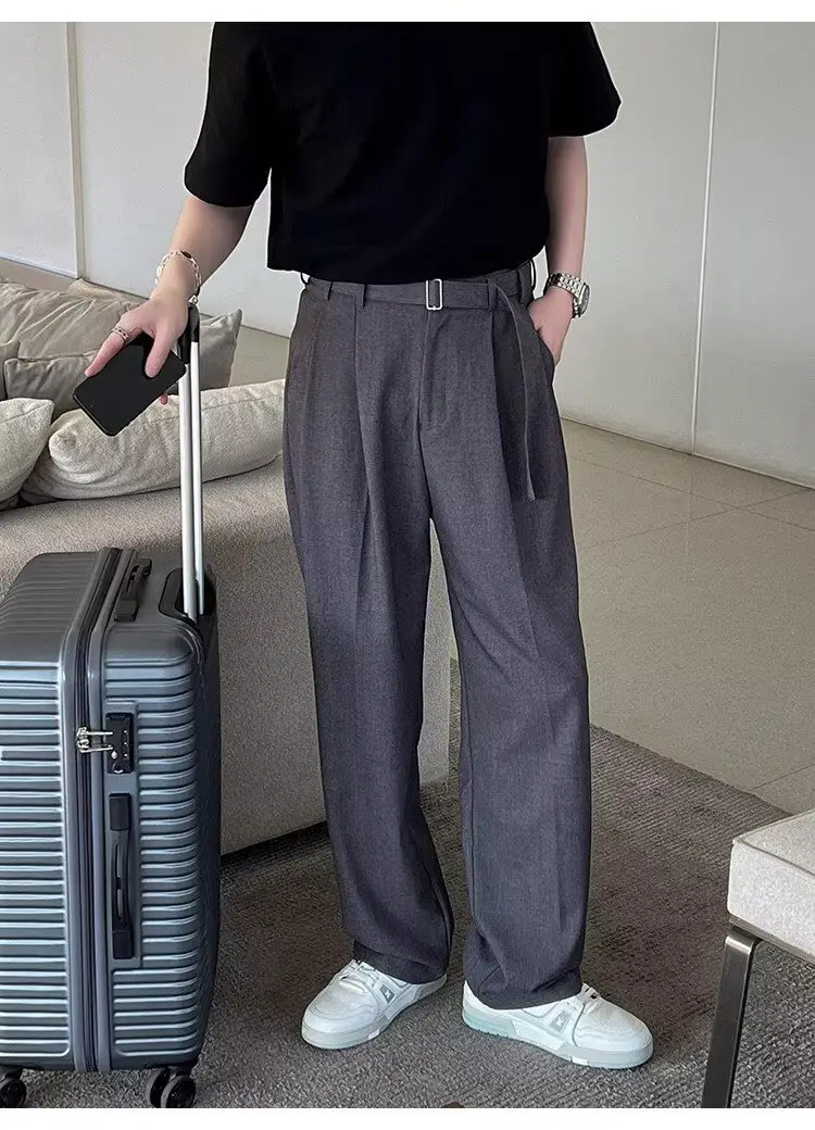 Men's Grey Straight Pants with Belt for Spring Autumn — feature 15